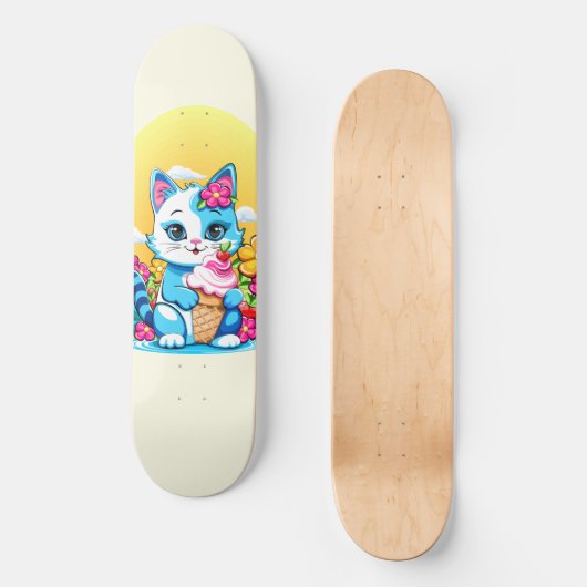 Skateboard Kitty Chat avec crème glacée Summer Kawaii Caractè (Recto)