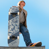 Skateboard Koi Fish and Water Lily Blue Chinoiserie Monogram