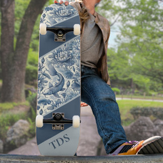 Skateboard Koi Fish and Water Lily Blue Chinoiserie Monogram