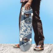 Skateboard Koi Fish and Water Lily Blue Chinoiserie Monogram