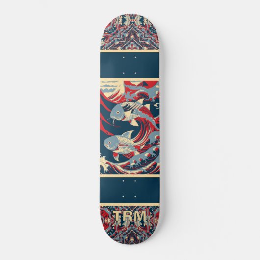 Skateboard Koi Fish with Red Blue Crazy Pattern Monogram (Recto)