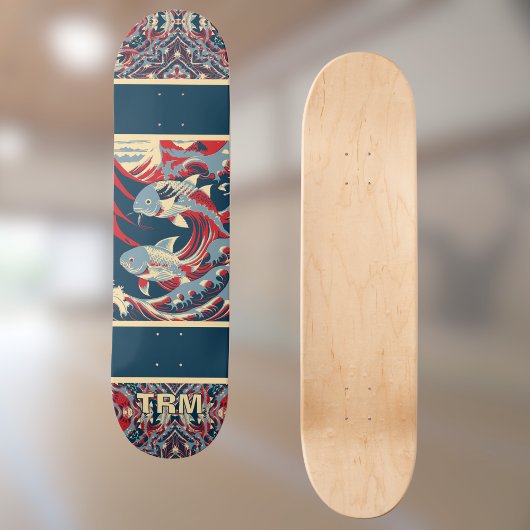 Skateboard Koi Fish with Red Blue Crazy Pattern Monogram