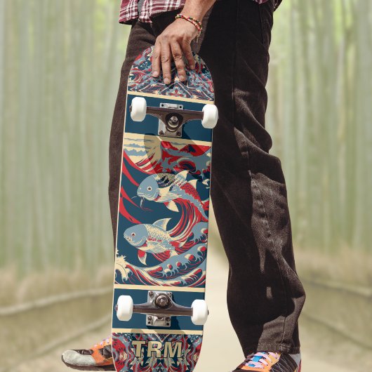 Skateboard Koi Fish with Red Blue Crazy Pattern Monogram