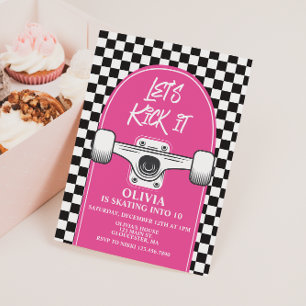 Skateboard Let's Kick It PINK verjaardagsuitnodigi Kaart