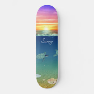 Skateboard Lever de soleil sur l'océan, tortue marine et coqu