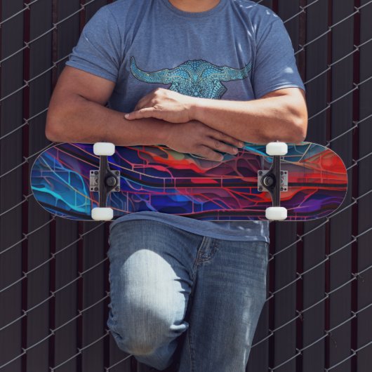 Skateboard Lignes connectées complexes en rouge et bleu (Extérieur 3)