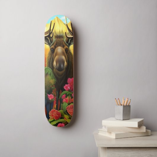 Skateboard L'orignal dans les bois avec des fleurs AI Art (Art mural)