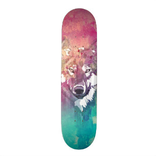 Skateboard Loup abstrait artistique d'aquarelle rose de