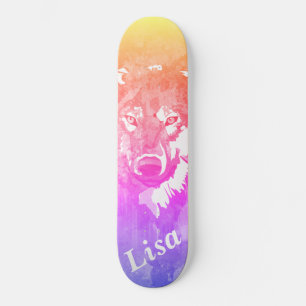 Skateboard Loup abstrait d'aquarelle violette