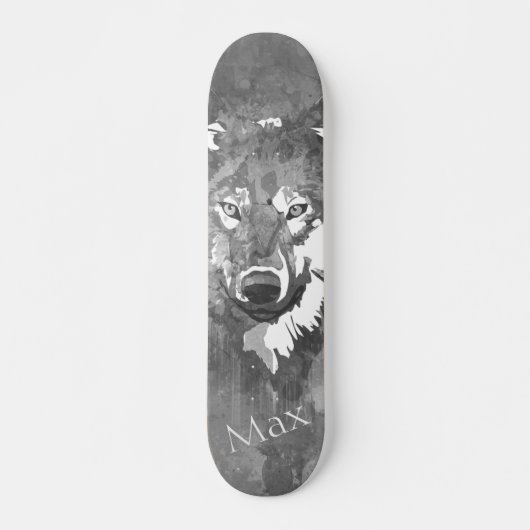 Skateboard Loup abstrait noir blanc d'aquarelle (Devant)