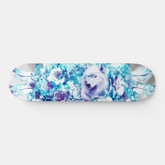 Skateboard Loup blanc Dreamcatcher bleu violet Floral (Horz)