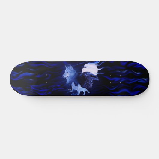 Skateboard Loup et corbeau avec pleine lune (Horz)