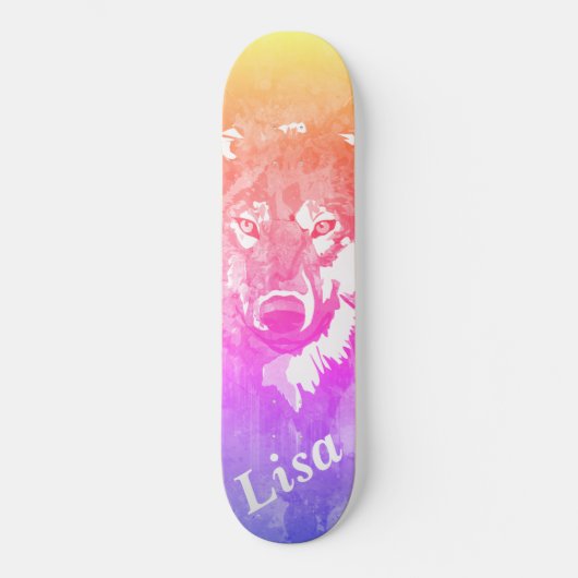 Skateboard Loup jaune violet orange abstrait d'aquarelle (Recto)