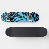 Skateboard Loup tribal Abstrait bleu et noir avec nom Skat (Horz)