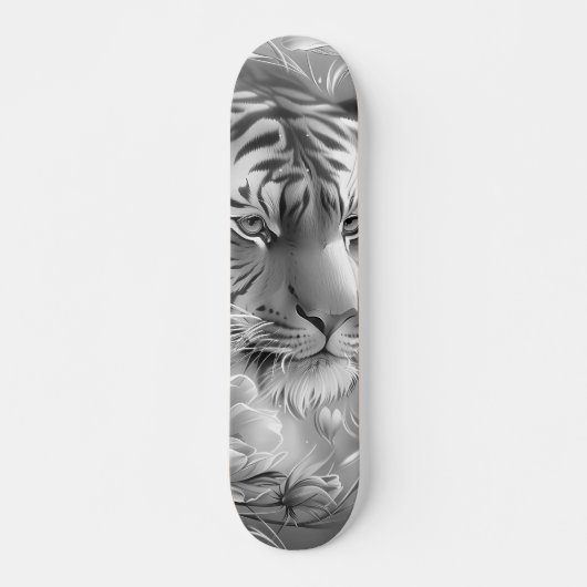 Skateboard Majestic Fantasy Gray Scale Tiger Head & Florals  (Devant)