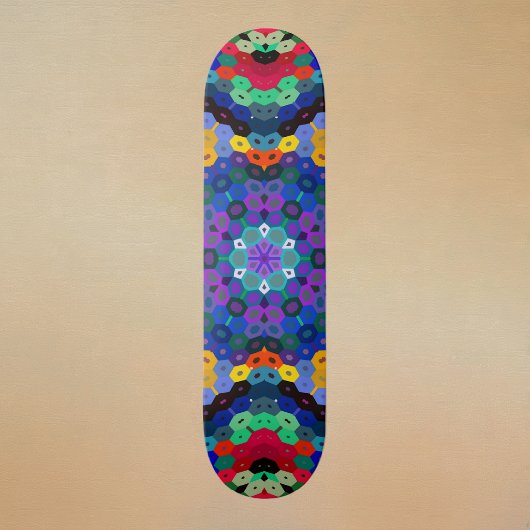 Skateboard Mandala Hexagonal Bleu Jaune Rouge et Vert