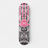 Skateboard Mandala rose chaud, noir et blanc - Monogramme (Devant)