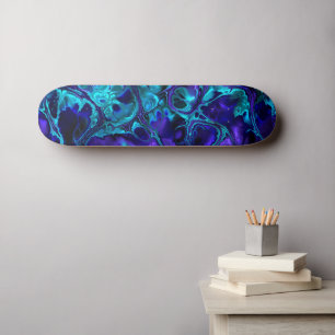 Skateboard Marbre Fractal Monochrome Bleu Vibrant Bohème Groo