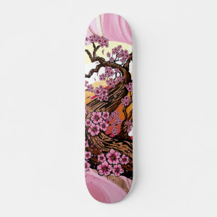 Skateboard Marbre rose avec fleur de cerisier japonaise dorée