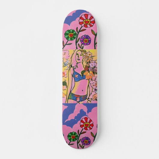 Skateboard Moderne rose et bleu aquarelle fille florale (Devant)