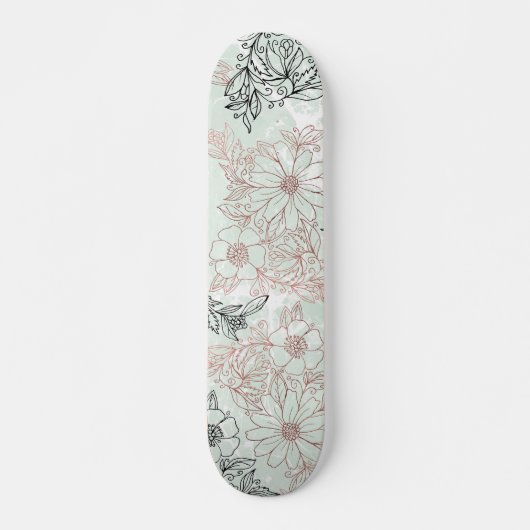 Skateboard Monnaie moderne Rose noir or marbre floral (Devant)