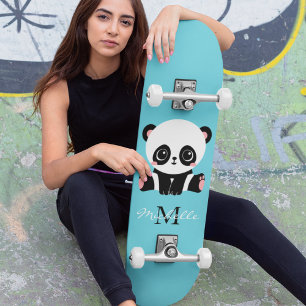 Skateboard Monogram Cute Panda Personnalisé Bubble Gum Bleu