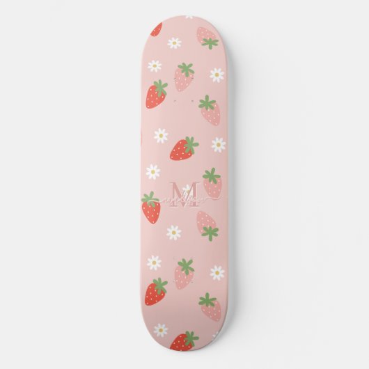 Skateboard Monogramme de fraises roses et rouges (Recto)