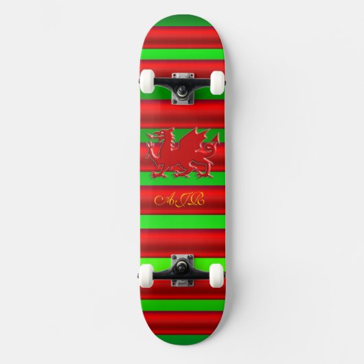 Skateboard Monogramme, Dragon rouge sur effet métallique vert (Recto)