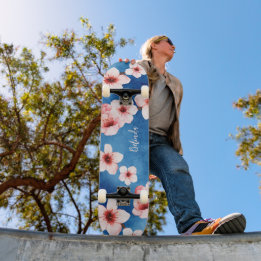 Skateboard Monogramme Fleur de Cerisier Floral Rose Bleu Fémi