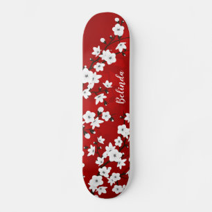 Skateboard Monogramme Fleur Rouge Fleur de Cerisier Blanche