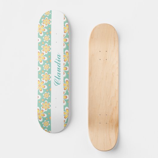 Skateboard Monogramme joli fleurs orange sur vert (Recto)
