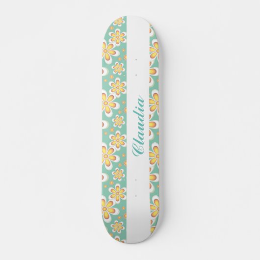 Skateboard Monogramme joli fleurs orange sur vert (Devant)