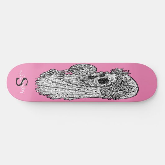 skateboard Monogramme Mariage rose crâne (Horz)