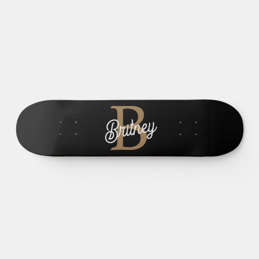 Skateboard Monogramme moderne élégant Nom Black Gold Script (Horz)