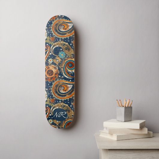 Skateboard Monogramme Motif de la marine Blue Gold Celestial  (Art mural)