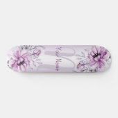 Skateboard Monogramme Nom Rose Floral Violet Violet Moderne (Horz)