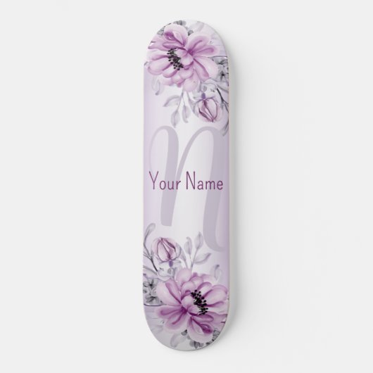 Skateboard Monogramme Nom Rose Floral Violet Violet Moderne (Recto)