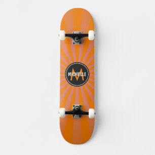 Skateboard Monogramme Orange Funky Sun Rays Motif