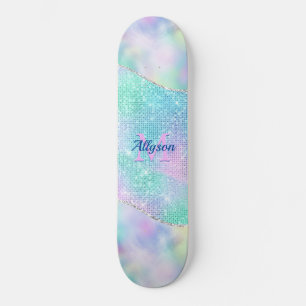 Skateboard Monogramme rose 3-D, Nom, Étincelle Iridescente