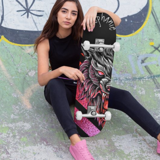 Skateboard Monogramme Tête de Loup Rose