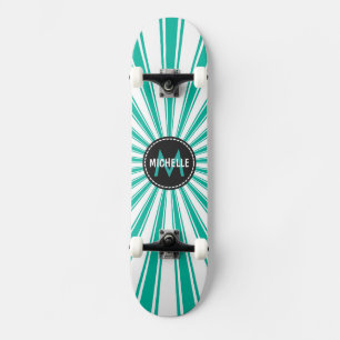 Skateboard Monogramme Turquoise Funky Sun Rays Motif
