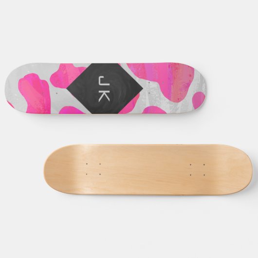 Skateboard Monogramme Vache rose et blanc chaud (Horz)