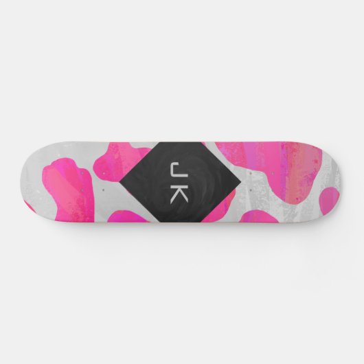 Skateboard Monogramme Vache rose et blanc chaud (Horz)
