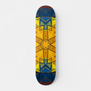 Skateboard Mosaic Mandala Fleur Jaune Bleu et Rouge