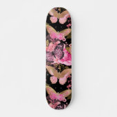 Skateboard Motif à papillon floral rose et or (Devant)
