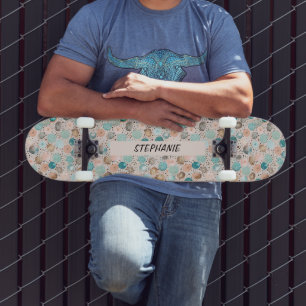 Skateboard Motif Abstrait chatoyant en Turquoise, Rose