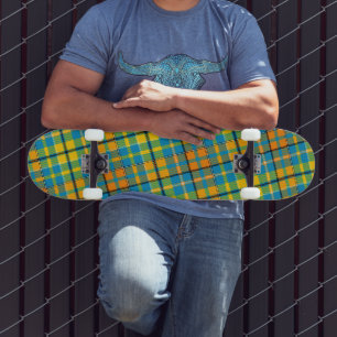 Skateboard Motif carreaux tartan bleu jaune orange