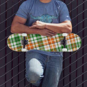 Skateboard Motif carreaux tartan vert orange blanc