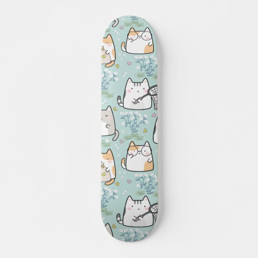 Skateboard Motif Cute Kawaii Chats papillons plantes (Devant)