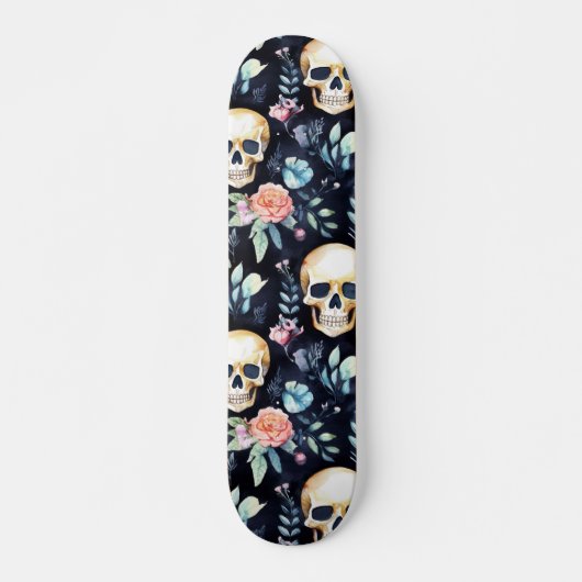 Skateboard Motif d'aquarelle Goth Skull Flowers (Devant)